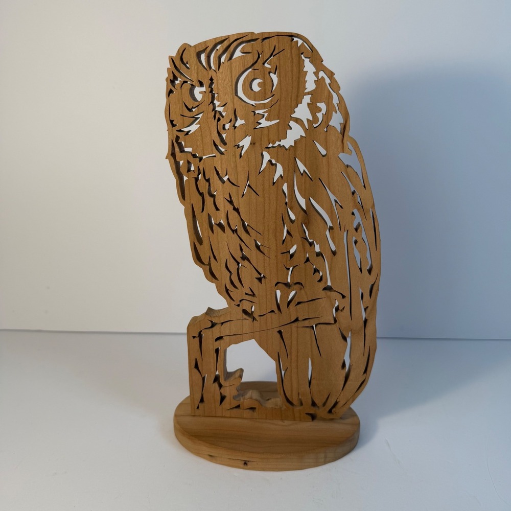 Handmade Wooden Owl Scroll Saw Fretwork Sculpture Rustic Wildlife Cottagecore